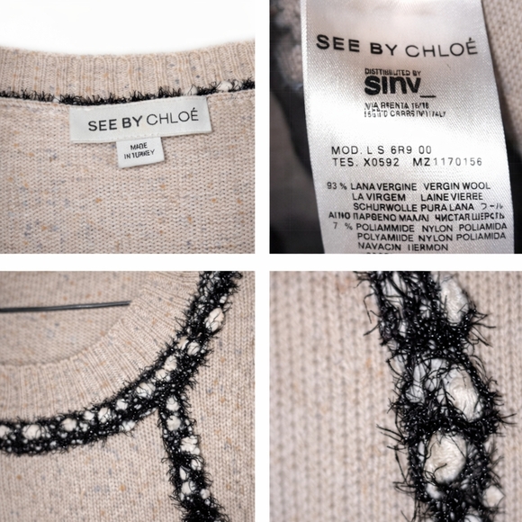 SEE BY CHLOÈ Wool Knit Dress Mini Jumper Pockets Tan Black White Sparkle XS S - Picture 9 of 11